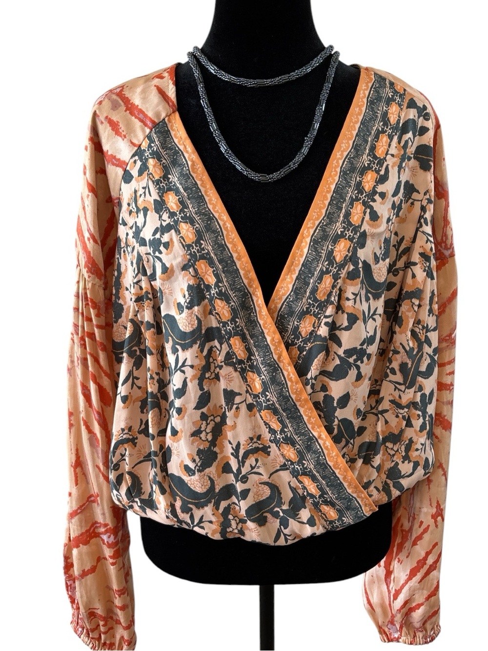 Free People Peach and Slate Floral Wrap Top